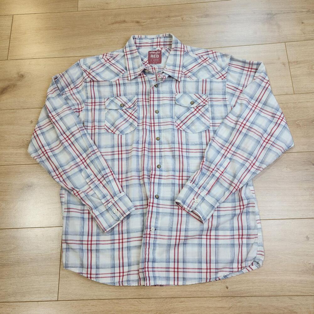 Wrangler Western Shirt Mens XL Red Blue Plaid Snap Long Sleeve Casual Cowboy